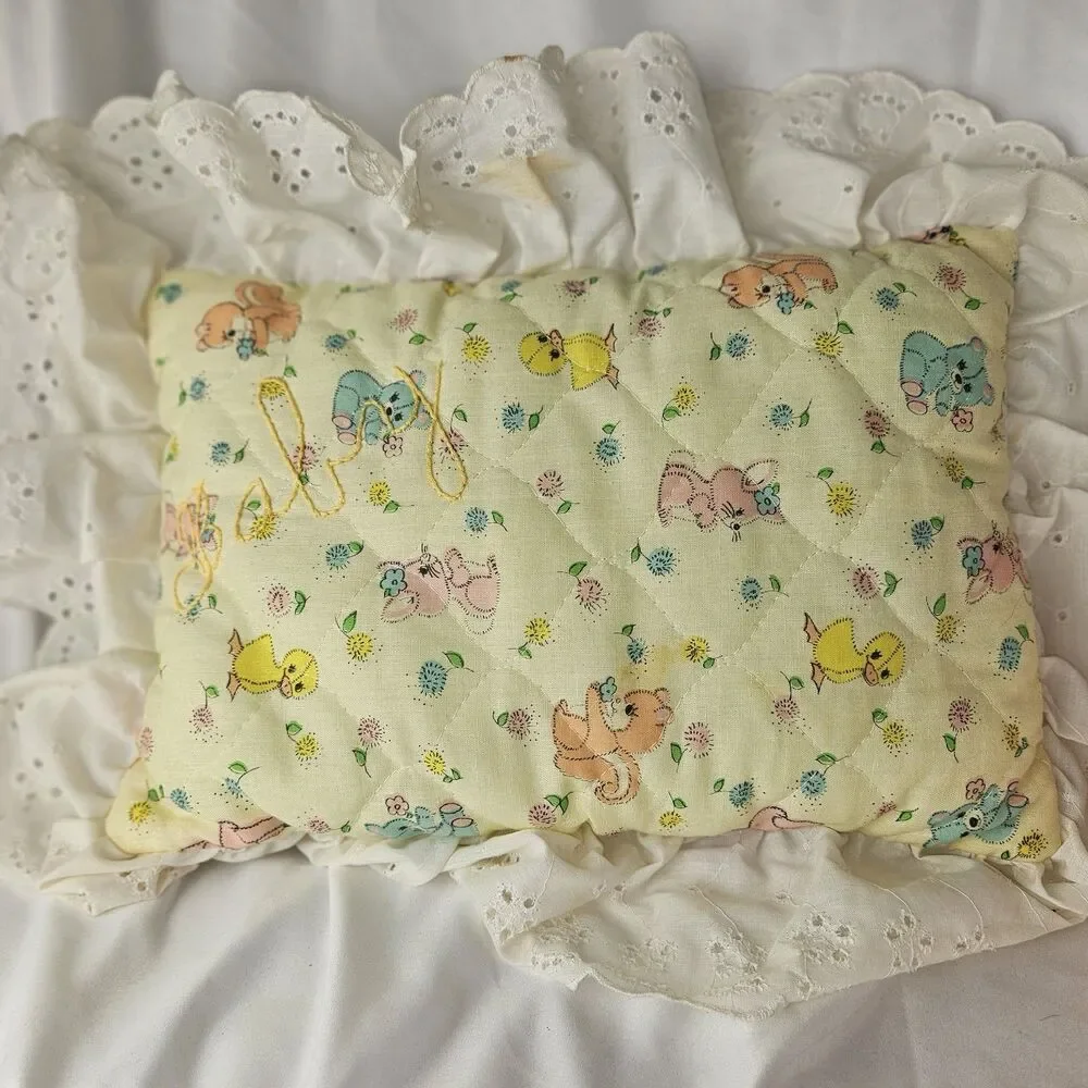 Vintage Baby Girl Handmade Patchwork Blanket & Pillow Set Nursery Crib, Bunnies